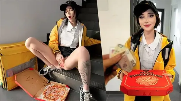 Courier Masturbates and Squirts on Pizza